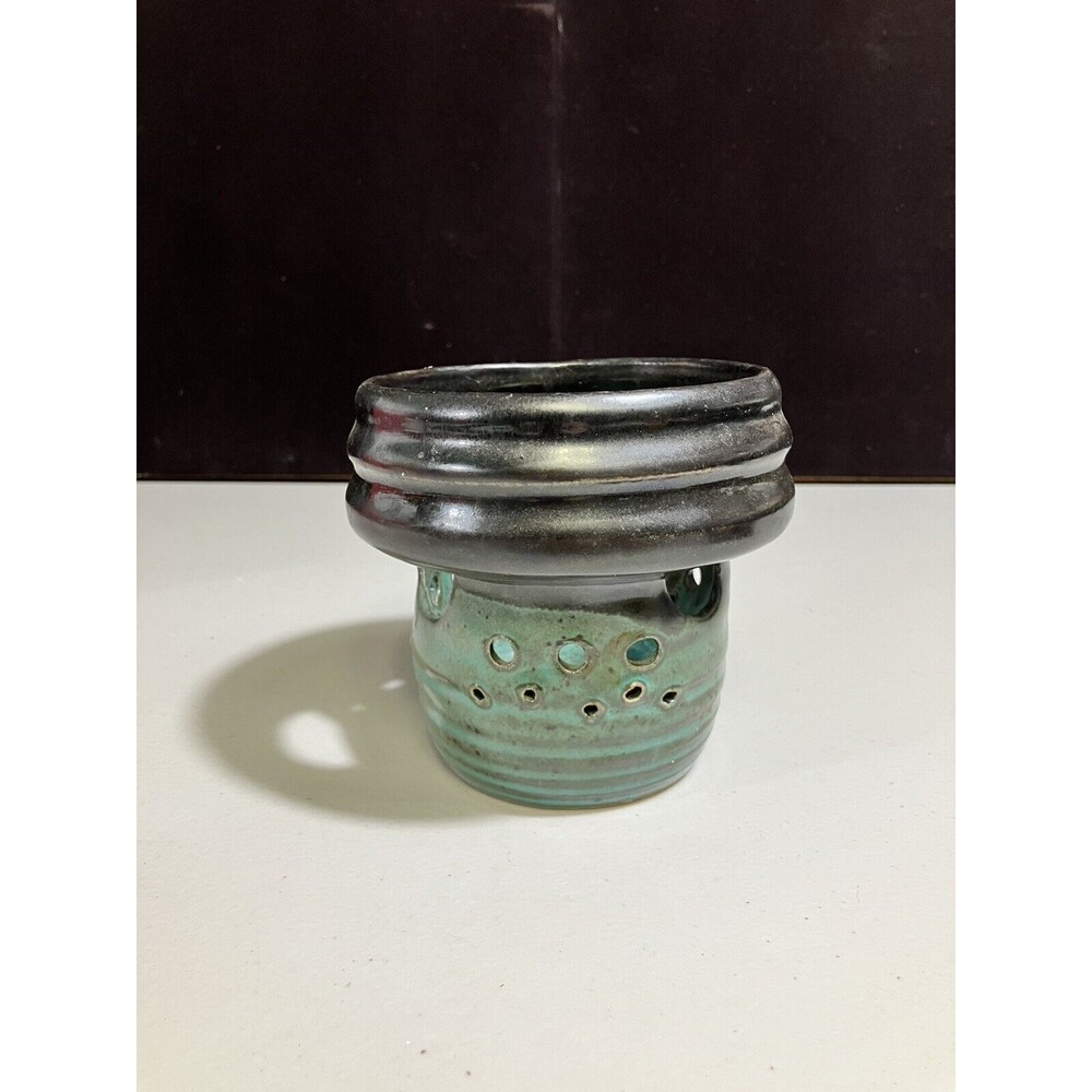 Handmade Studio Art Pottery Glazed Cut Outs Votive Candle Holder Signed